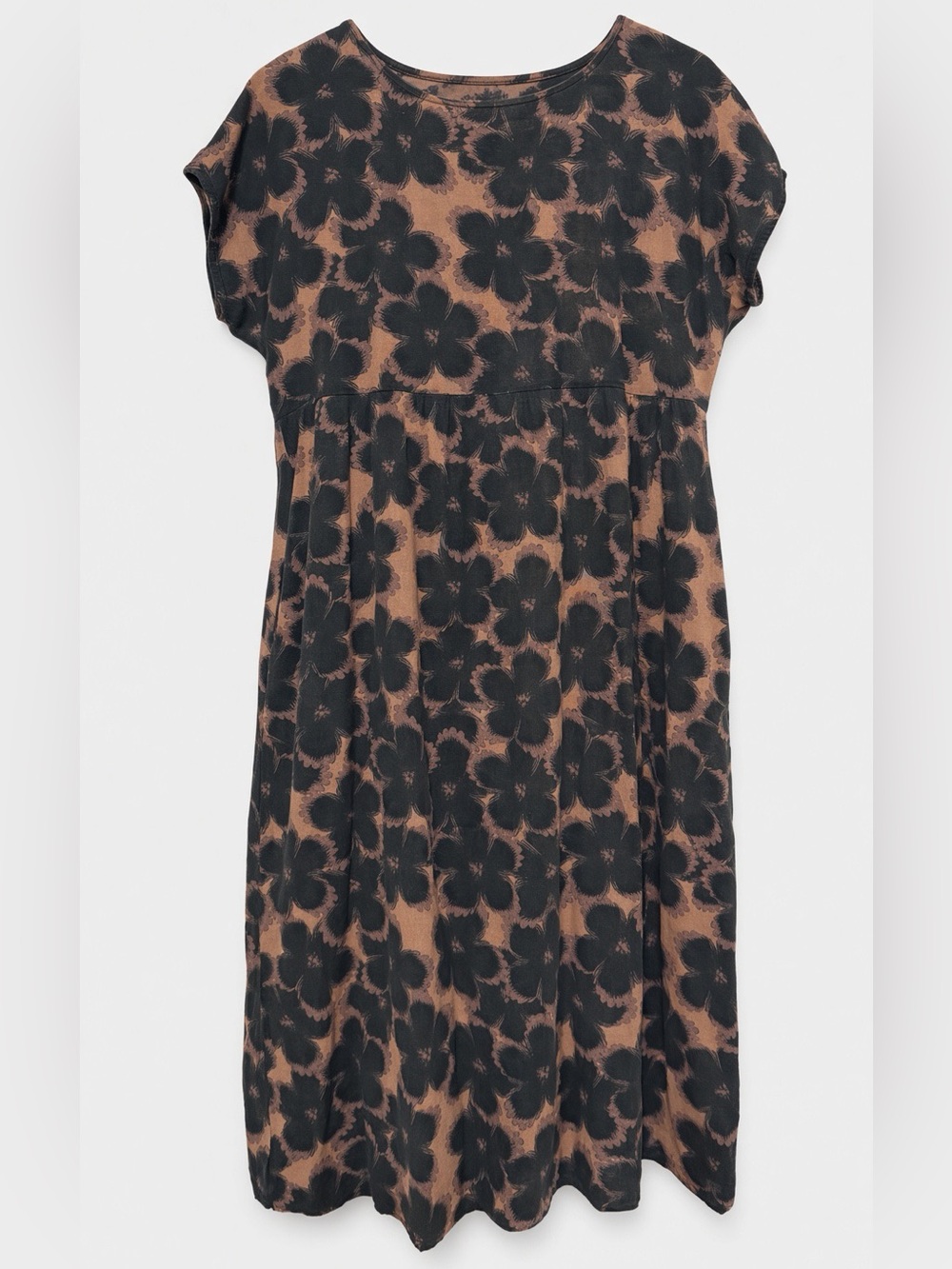 XXL Camel Black Floral Cap Sleeve Midi Dress Gathered Waist